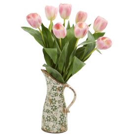 Tulip Artificial Arrangement in Floral Pitcher (size: 19")