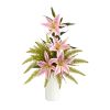 Lily and Fern Artificial Arrangement in White Vase