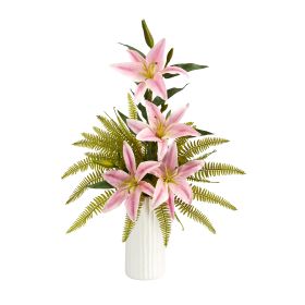Lily and Fern Artificial Arrangement in White Vase (size: 22")