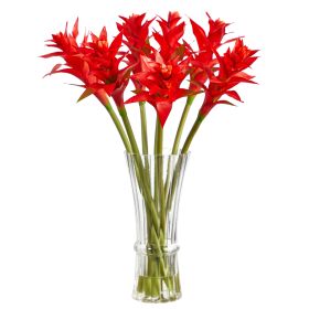 Star Bromeliad Artificial Arrangement in Glass Vase (size: 23")