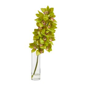 Cymbidium Orchid Artificial Arrangement in Glass Vase (size: 28")