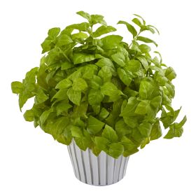 Basil Plant in White Planter with Silver Trimming (size: 14")