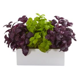 Basil Artificial Plant in White Planter (size: 17")