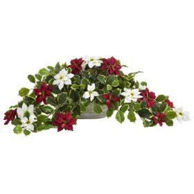 Poinsettia and Holly Plant in Planter (Real Touch) (size: 33")