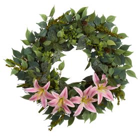 Mixed Ruscus Lily Fittonia and Berries Wreath (size: 23")