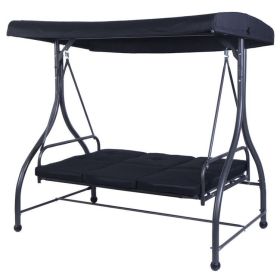 3 Seats Outdoor Swing Hammock with Adjustable Tilt Canopy (Color: black)