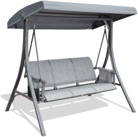 3 Person Patio Swing Chair with Storage Pocket Bag Weather Resistant Canopy Heavy Duty Steel Frame Hanging Glider Seating for Outdoor,Balcony,Garden (Color: grey)