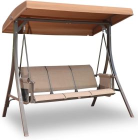 3 Person Patio Swing Chair with Storage Pocket Bag Weather Resistant Canopy Heavy Duty Steel Frame Hanging Glider Seating for Outdoor,Balcony,Garden (Color: Brown)