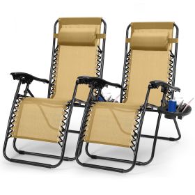 2Packs Zero Gravity Lounge Chair w/ Dual Side Tray 330lbs Load Foldable Recliner Chair w/ Stress Relief Pillow Patio Poolside Beach Lying Chair (Option: Tan  GPCT840)